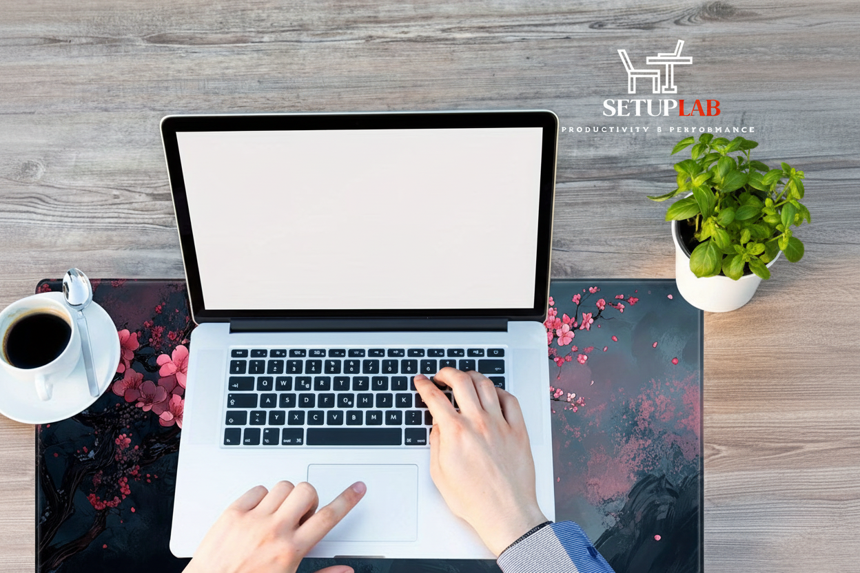 Laptop Workspace with SetupLab Logo