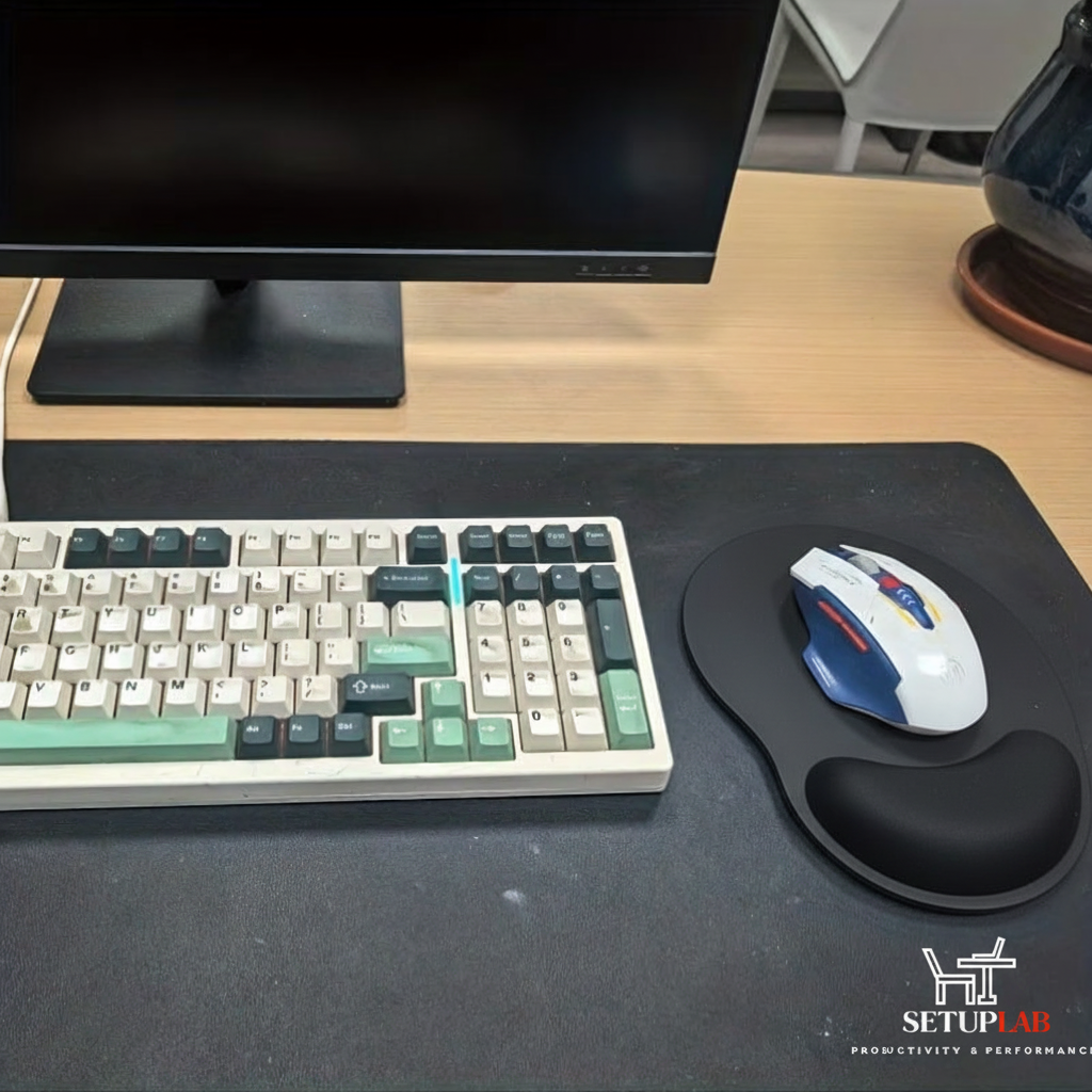 Desk setup with black mousepad