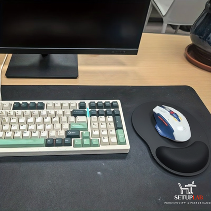 Desk setup with black mousepad